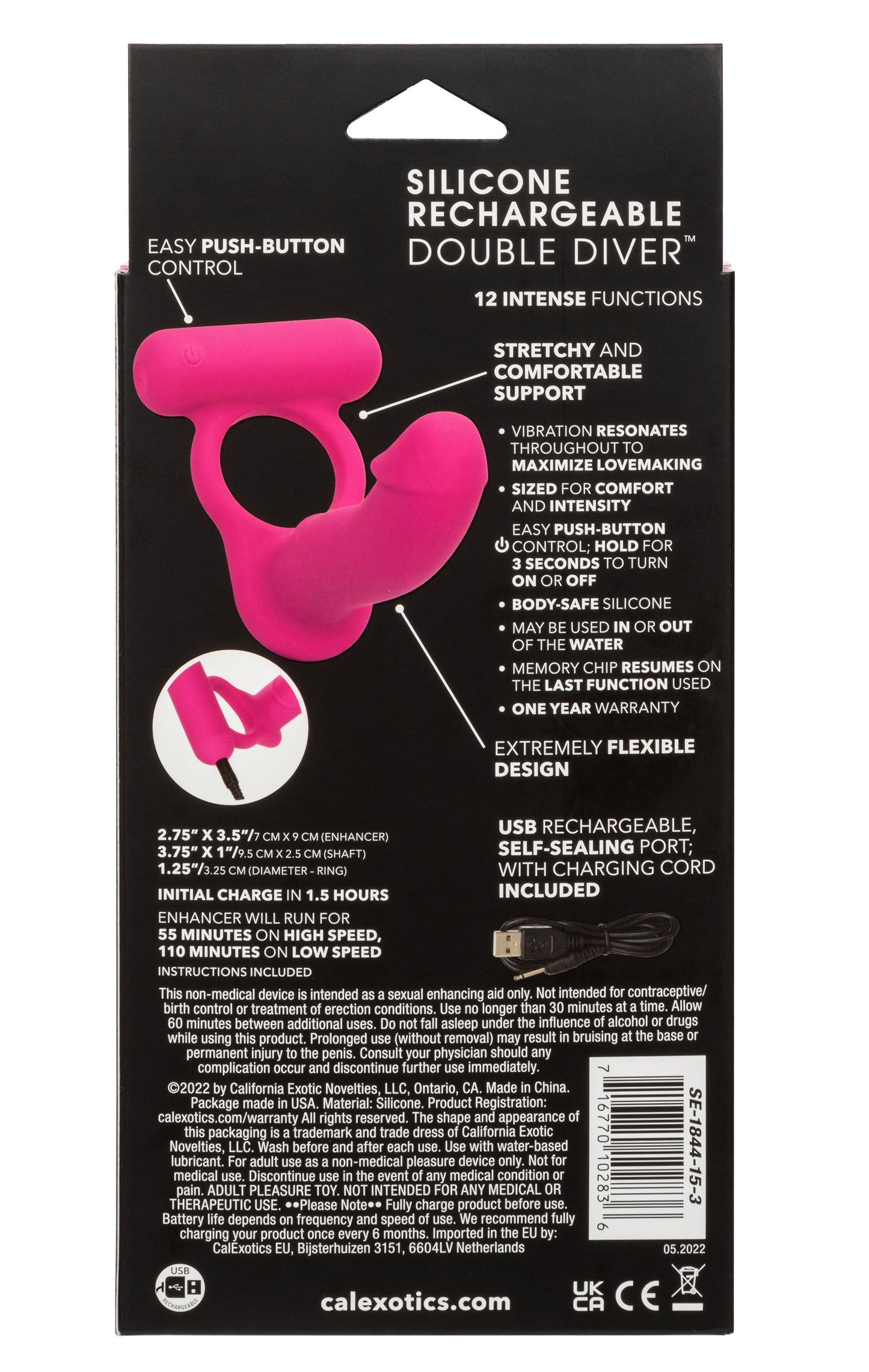 Rechargeable Double Penetration Vibrator - Silicone Cock Ring + Anal Probe, 12 Modes Pink