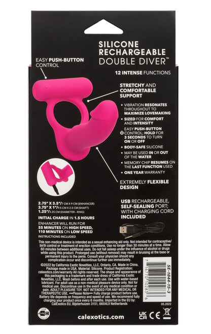 Rechargeable Double Penetration Vibrator - Silicone Cock Ring + Anal Probe, 12 Modes Pink