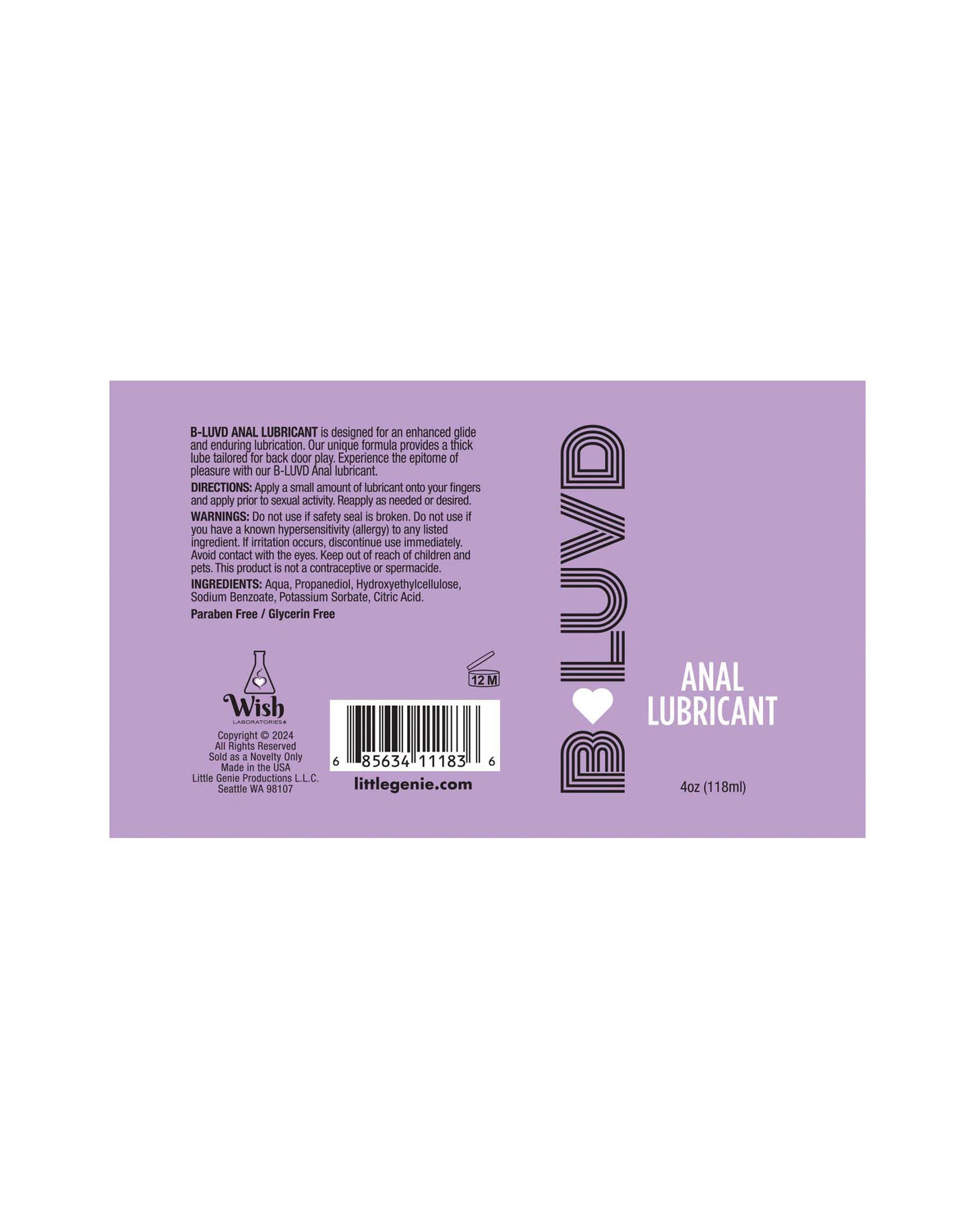 B-Luvd Premium Water-Based Anal Lube 4oz - Thick Long-Lasting Gel