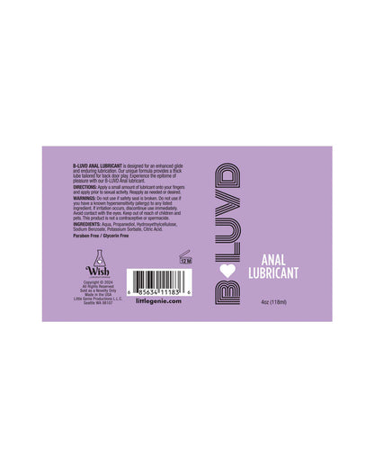 B-Luvd Premium Water-Based Anal Lube 4oz - Thick Long-Lasting Gel