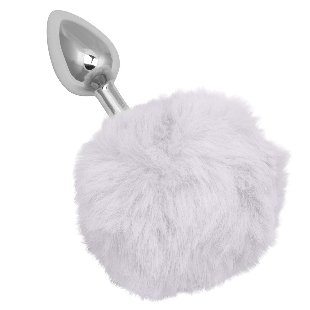 White Bunny Tail Butt Plug 2.5" Metal Probe Fluffy Tail Anal Plug