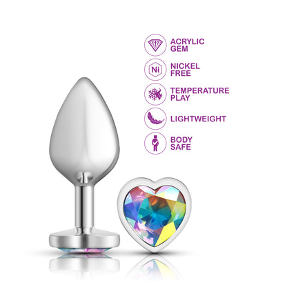 Medium Iridescent Heart Jeweled Butt Plug - Metal Anal Plug Temperature Play