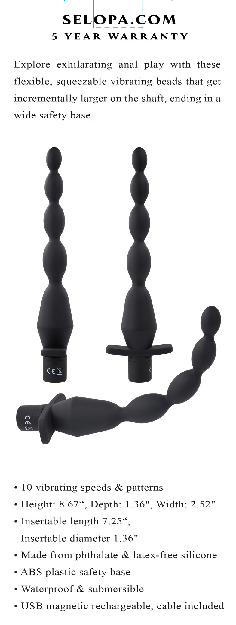Rechargeable Vibrating Anal Beads with 10 Modes - Black