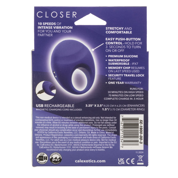 Rechargeable Couples Vibrating Cock Ring - 10 Speeds, Textured, Waterproof Blue