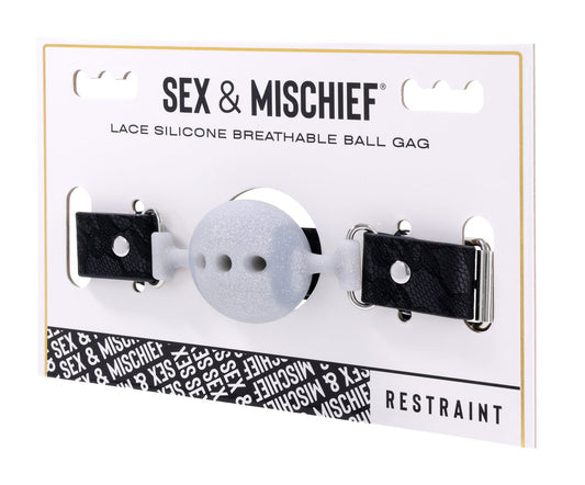 Breathable Silicone Ball Gag with White Lace Strap - BDSM Gag