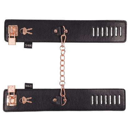 Luxury Bondage Handcuffs with Padlock - Black Faux Leather & Gold Hardware