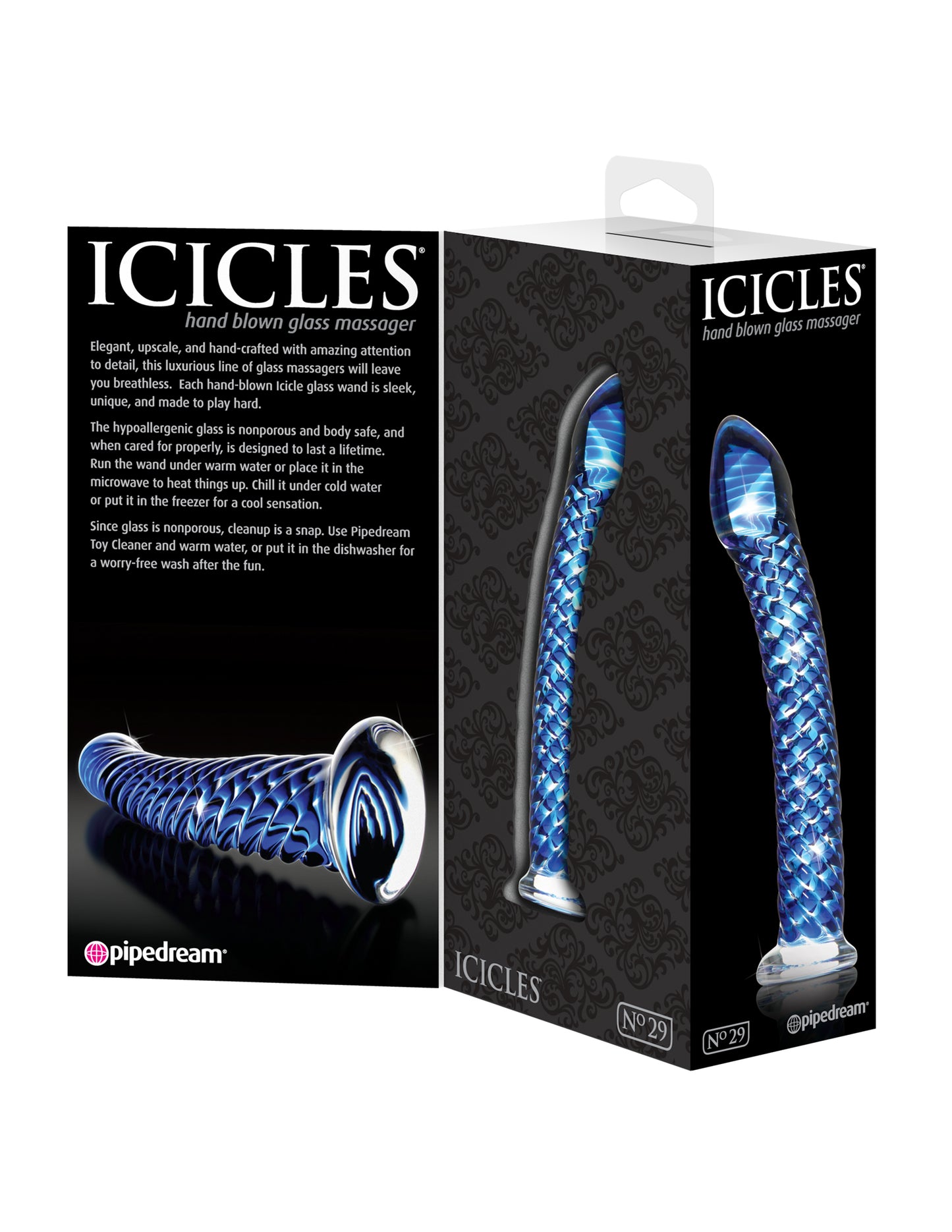 7" Blue Textured Glass Dildo Icicles No. 29 Hand-Blown G-Spot Probe