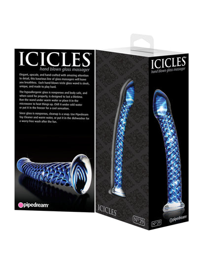 7" Blue Textured Glass Dildo Icicles No. 29 Hand-Blown G-Spot Probe