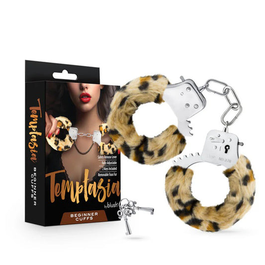Beginner Leopard Print Faux Fur Cuffs - Black Quick-Release Bondage