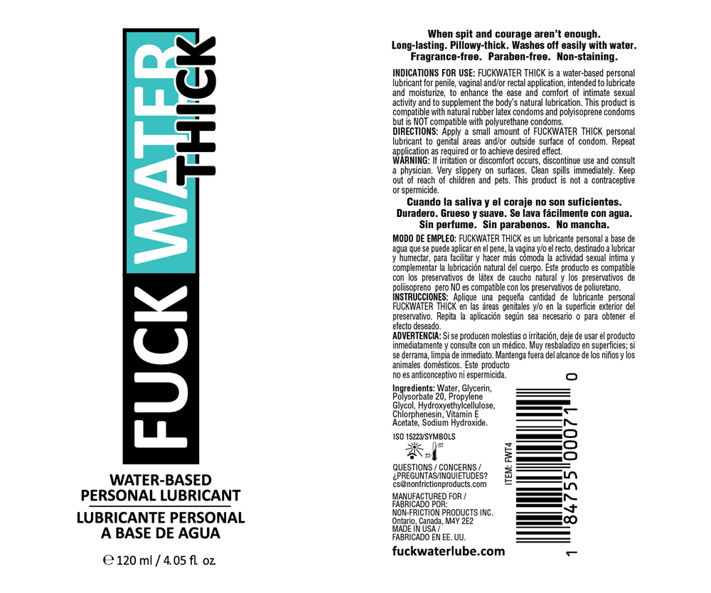 Fuck Water Thick - Extra Thick Water-Based Lubricant 4oz Clear & Cushioned