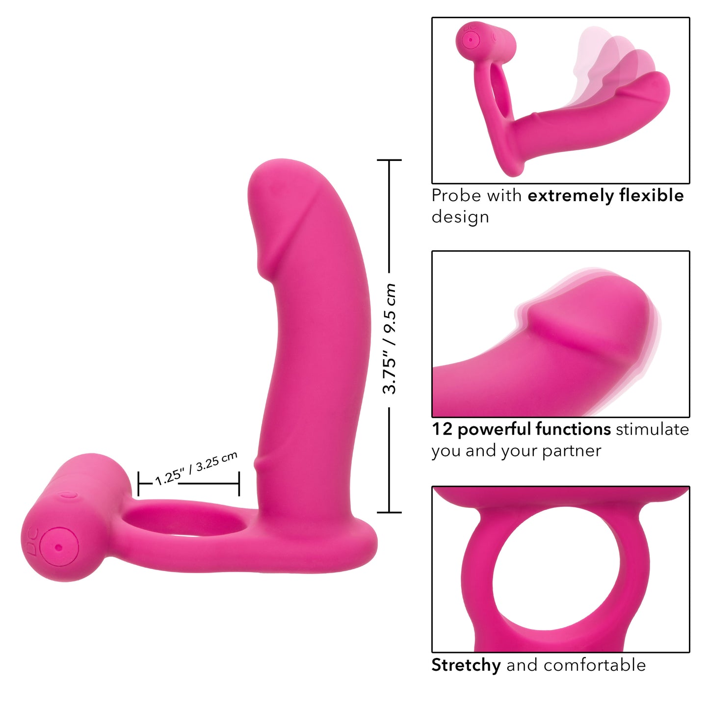 Rechargeable Double Penetration Vibrator - Silicone Cock Ring + Anal Probe, 12 Modes Pink