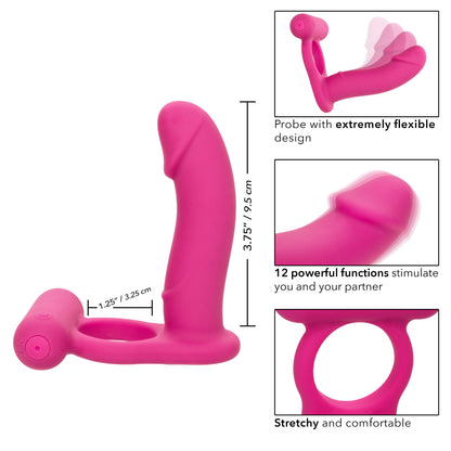 Rechargeable Double Penetration Vibrator - Silicone Cock Ring + Anal Probe, 12 Modes Pink